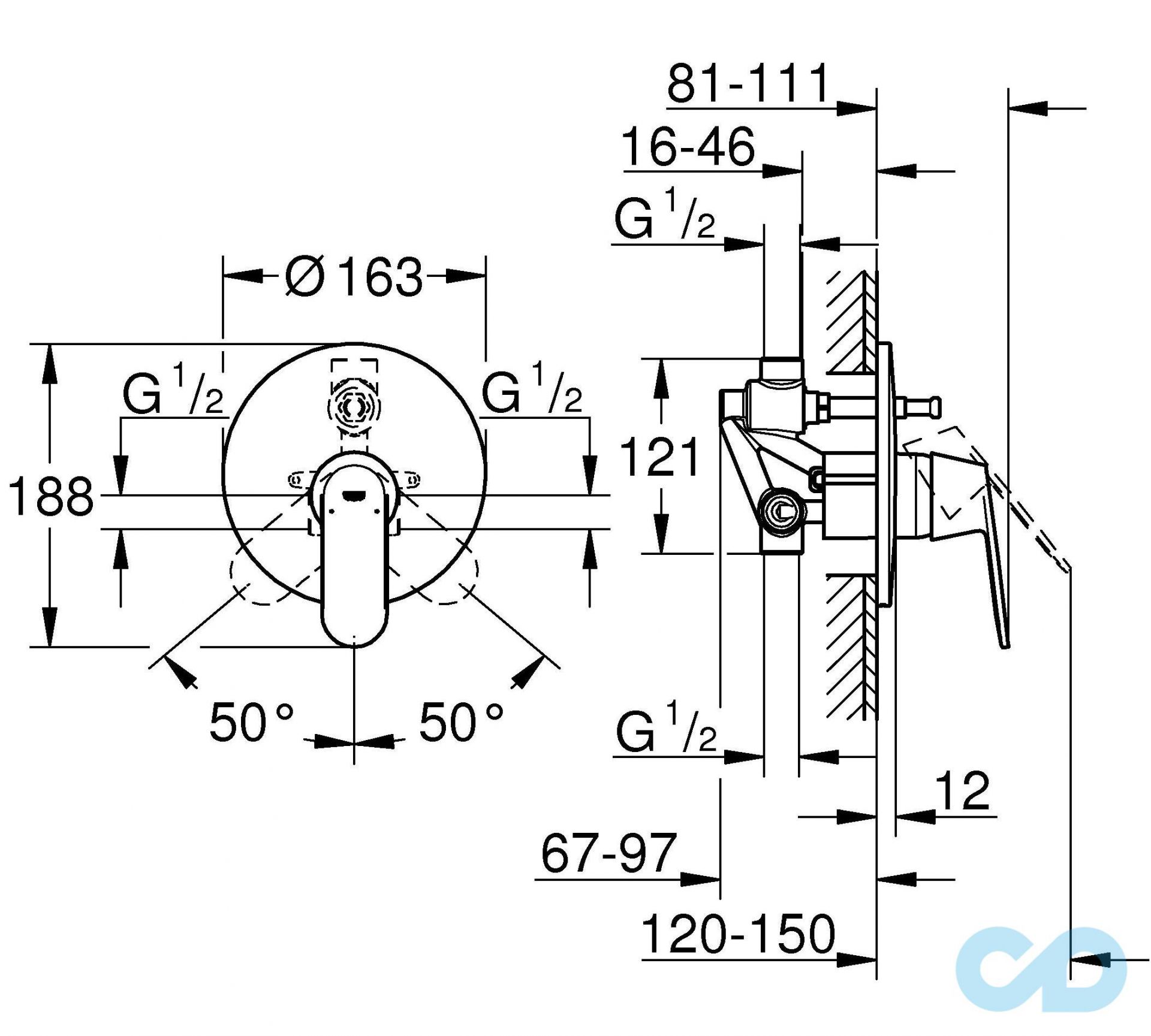 креслення Змішувач для ванни Grohe Eurosmart Cosmopolitan 32879000