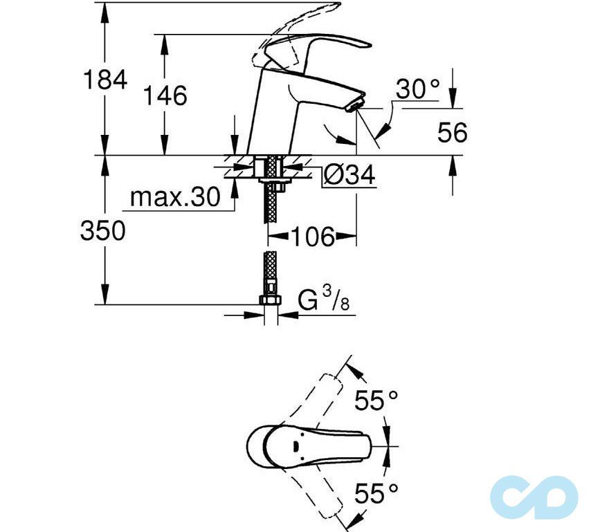 розмір змішувач для раковини grohe eurosmart 32467002