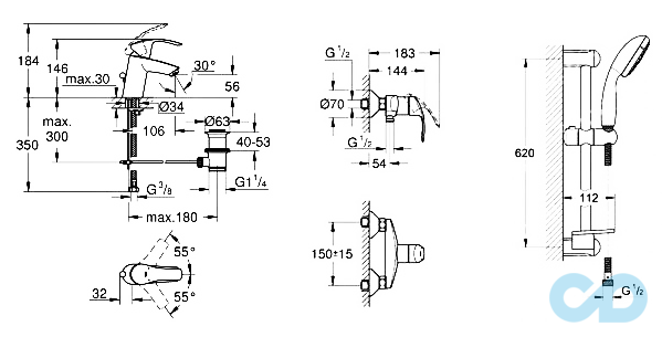 розміри набір змішувачів grohe eurosmart 123244s