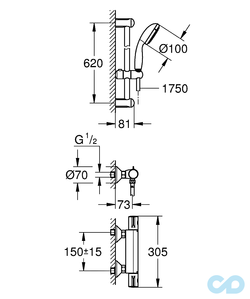 креслення Душова система з термостатом Grohe Grohtherm 800 34565000