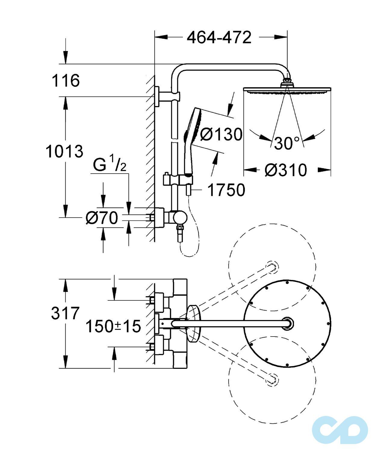 креслення Душова система з термостатом Grohe Rainshower 27968000