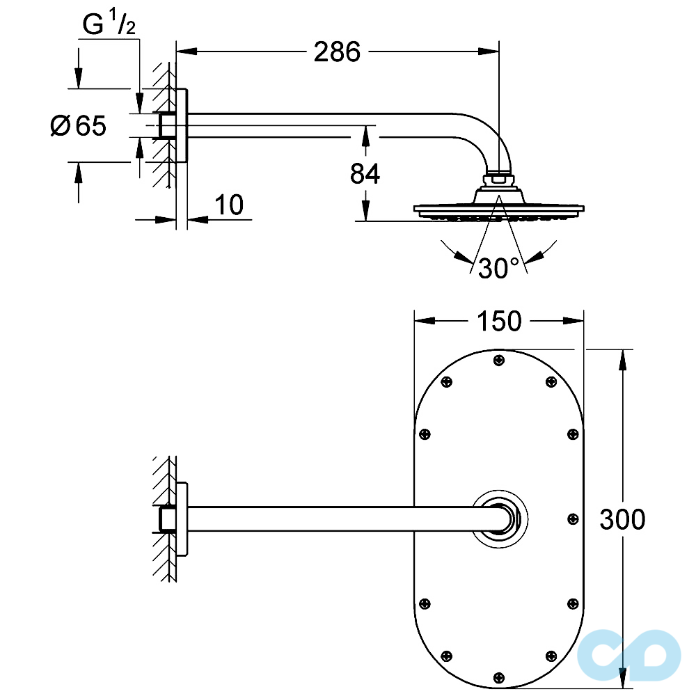 креслення Верхній душ Grohe Rainshower® Veris 300 26068000