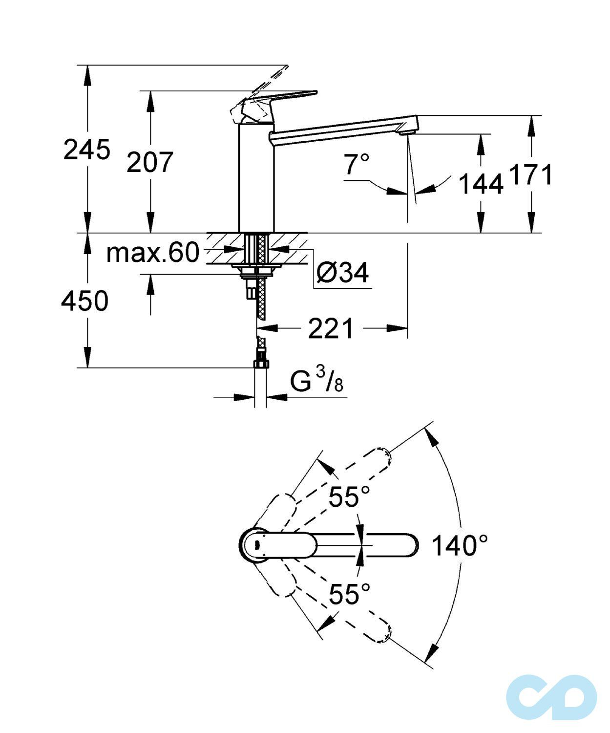 розмір змішувач кухонний grohe eurosmart cosmopolitan 30193000