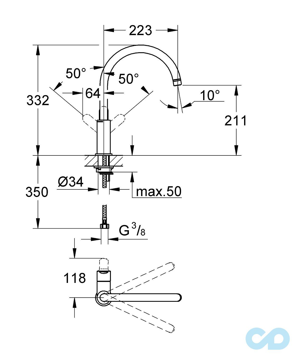 креслення Змішувач для кухні Grohe Bau Edge 31367000 