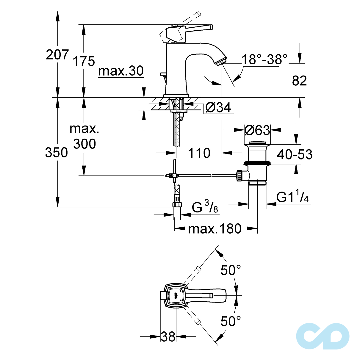 розмір змішувач для раковини grohe grandera 23303ig0