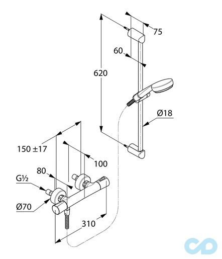 чертеж Термостат для душа с душевым гарнитуром Kludi Logo 6857605-00