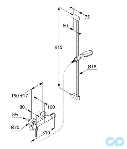 креслення Термостат для душу з душовим гарнітуром Kludi Logo 6857705-00