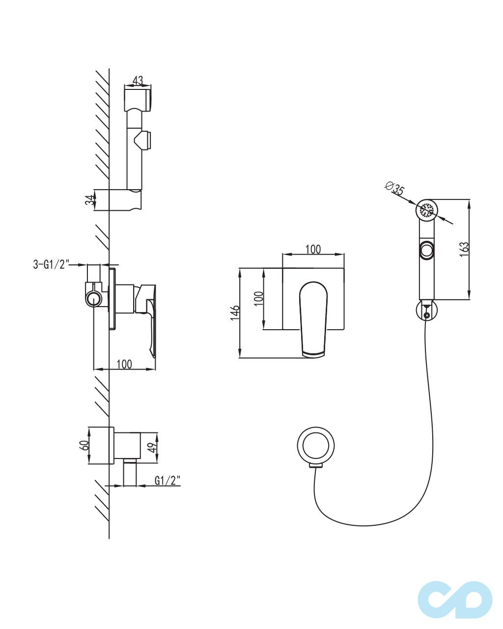 чертеж Гигиенический душ скрытого монтажа Imprese Vyskov VR15340Z-BT