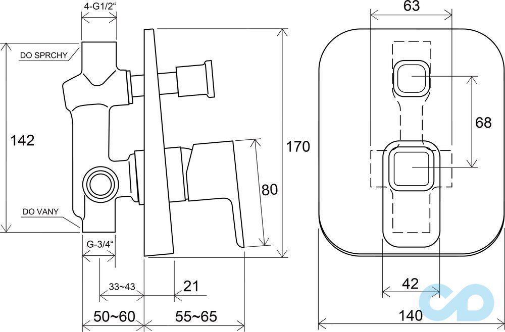 креслення Змішувач для ванни і душа Ravak 10 ° TD 061.00
