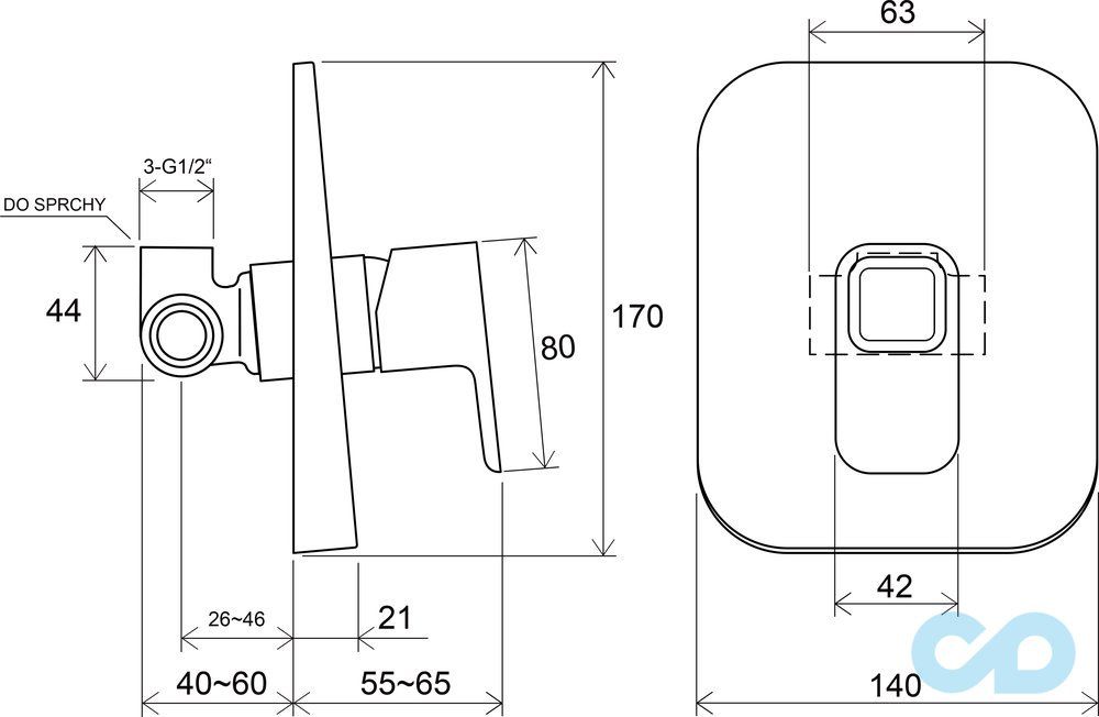 креслення Змішувач для душа Ravak 10 ° TD 062.00