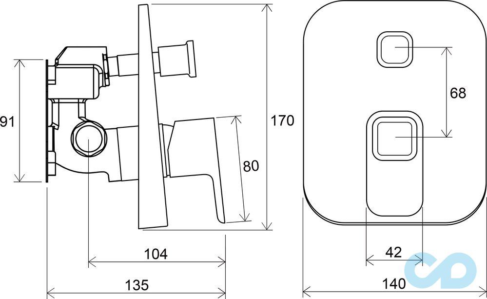 креслення Змішувач для ванни і душа Ravak 10 ° TD 065.00