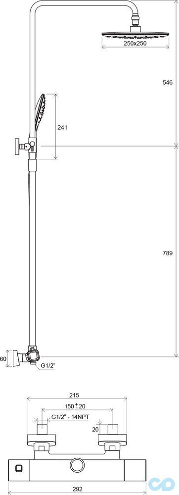 креслення Душова система з термостатом Ravak 10 ° TD 091.00/150