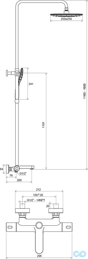 креслення Душова система з термостатом Ravak Termo 300 TE 092.00/150