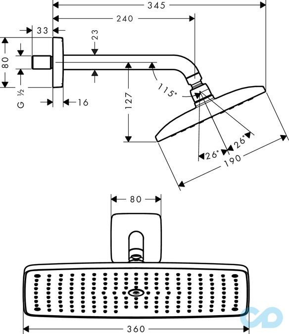 креслення Верхній душ Hansgrohe Raindance E 360 27371000
