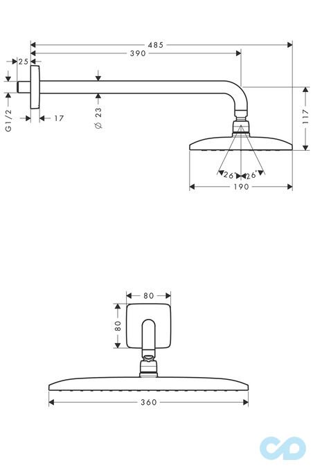 чертеж  Верхний душ Hansgrohe Raindance E 360 27376000