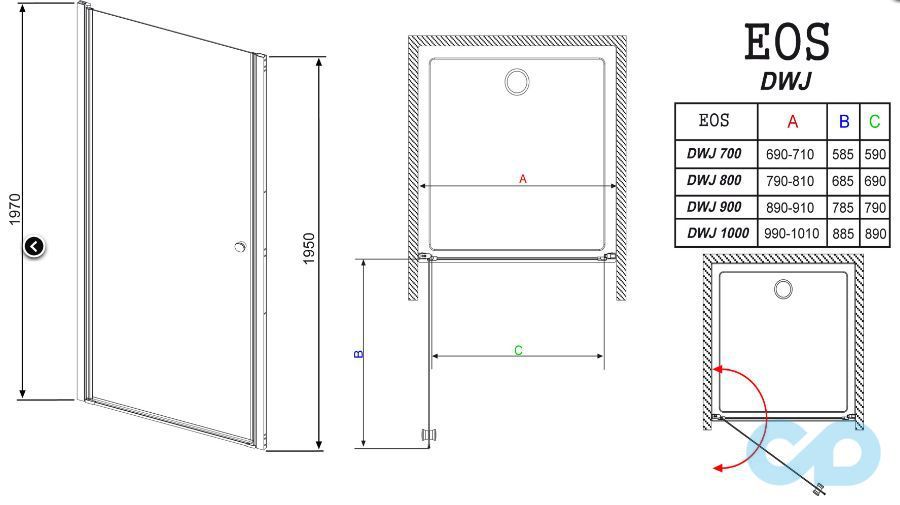 чертеж Душевая дверь Radaway Eos DWJ 37903-01-01N