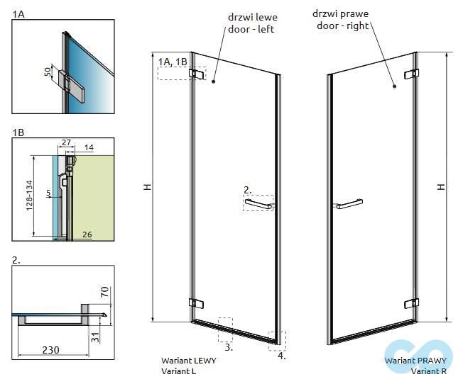 чертеж Душевая дверь Radaway Arta DWJ I 386070-03-01L