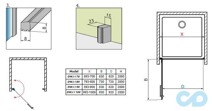 технічна схема Душові двері Radaway Arta DWJ I 386071-03-01L