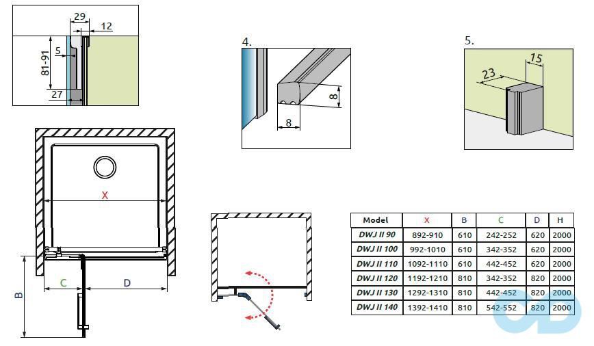 креслення Душові двері Radaway Arta DWJ II 386444-03-01L, 386012-03-01L