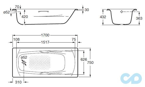 креслення Ванна сталева Roca Swing 170х75 A220170001