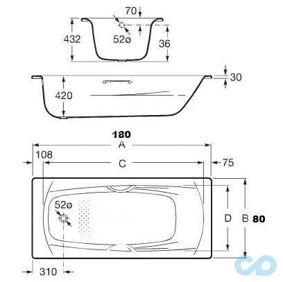 креслення Сталева ванна Roca Swing Plus 180х80 A236655000