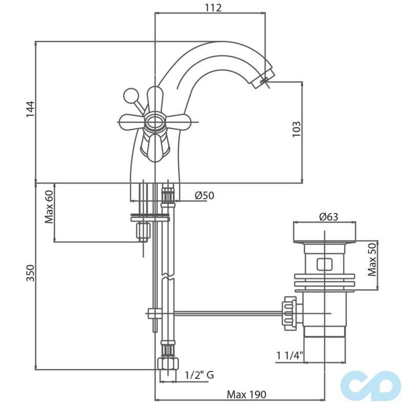 креслення Змішувач для умивальника Bianchi Old Fashion LVBOLF1034OLFIACRM