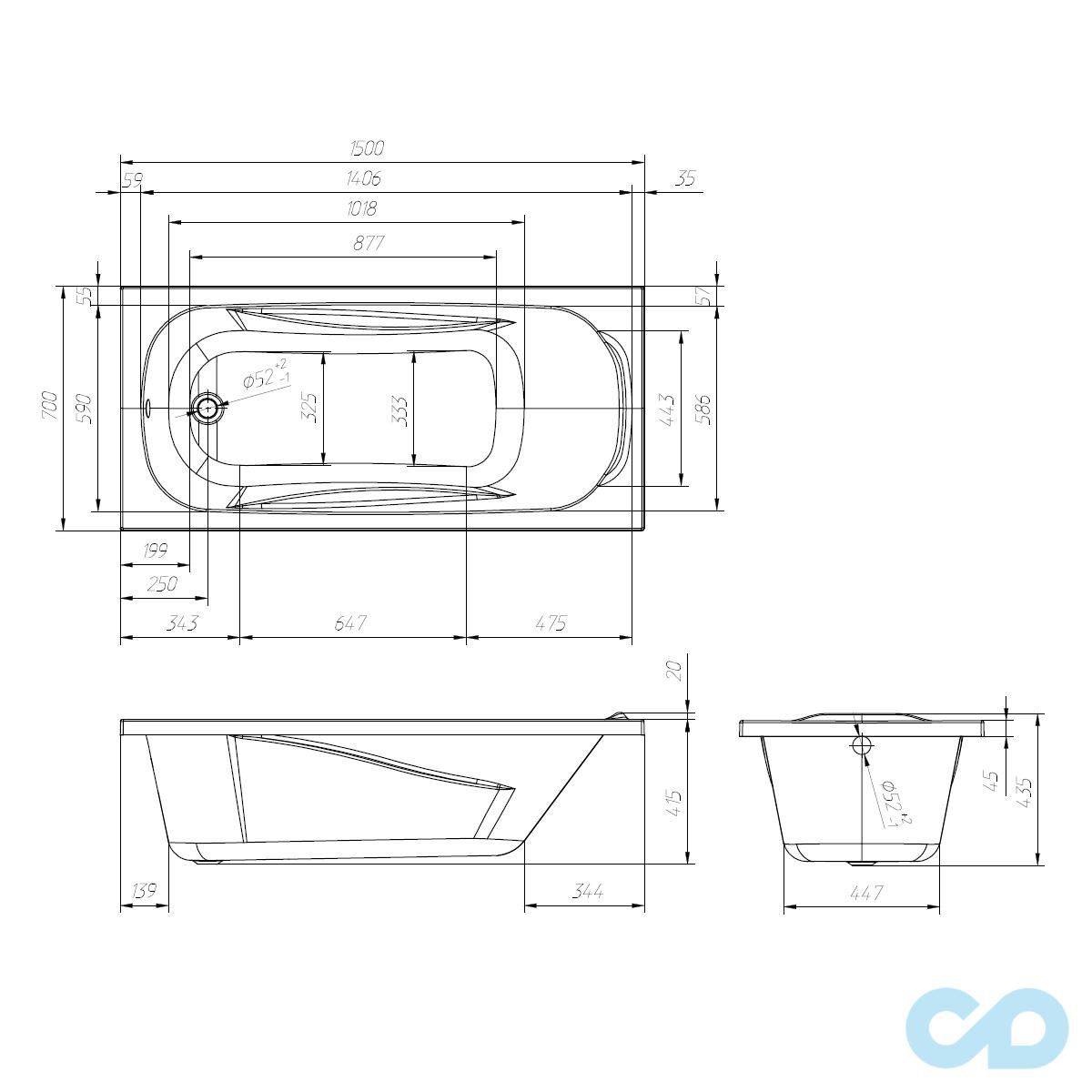 чертеж Ванна акриловая Volle Fiesta 150х70 TS-1570435