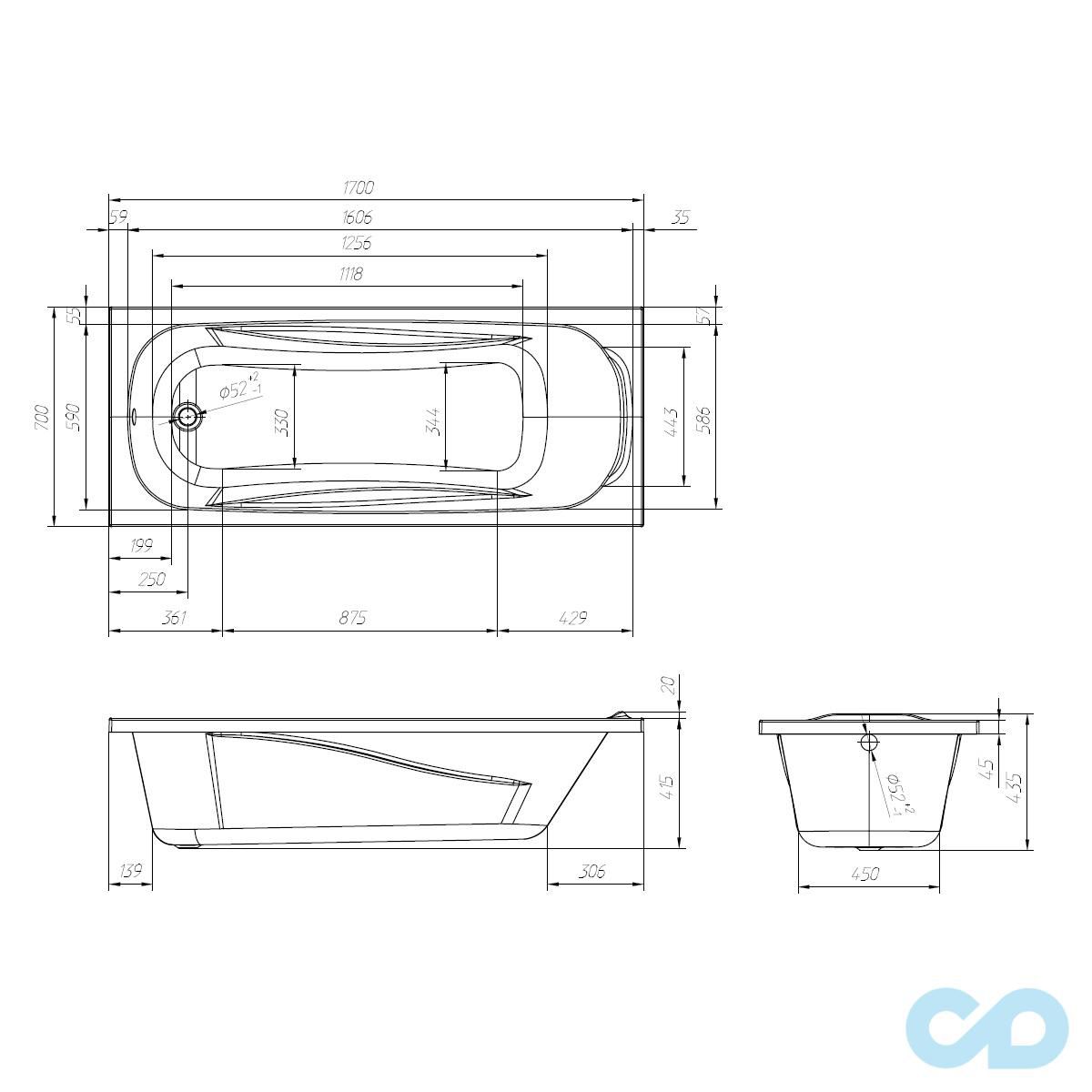 креслення Ванна акрилова Volle Fiesta 170х80 TS-1770435