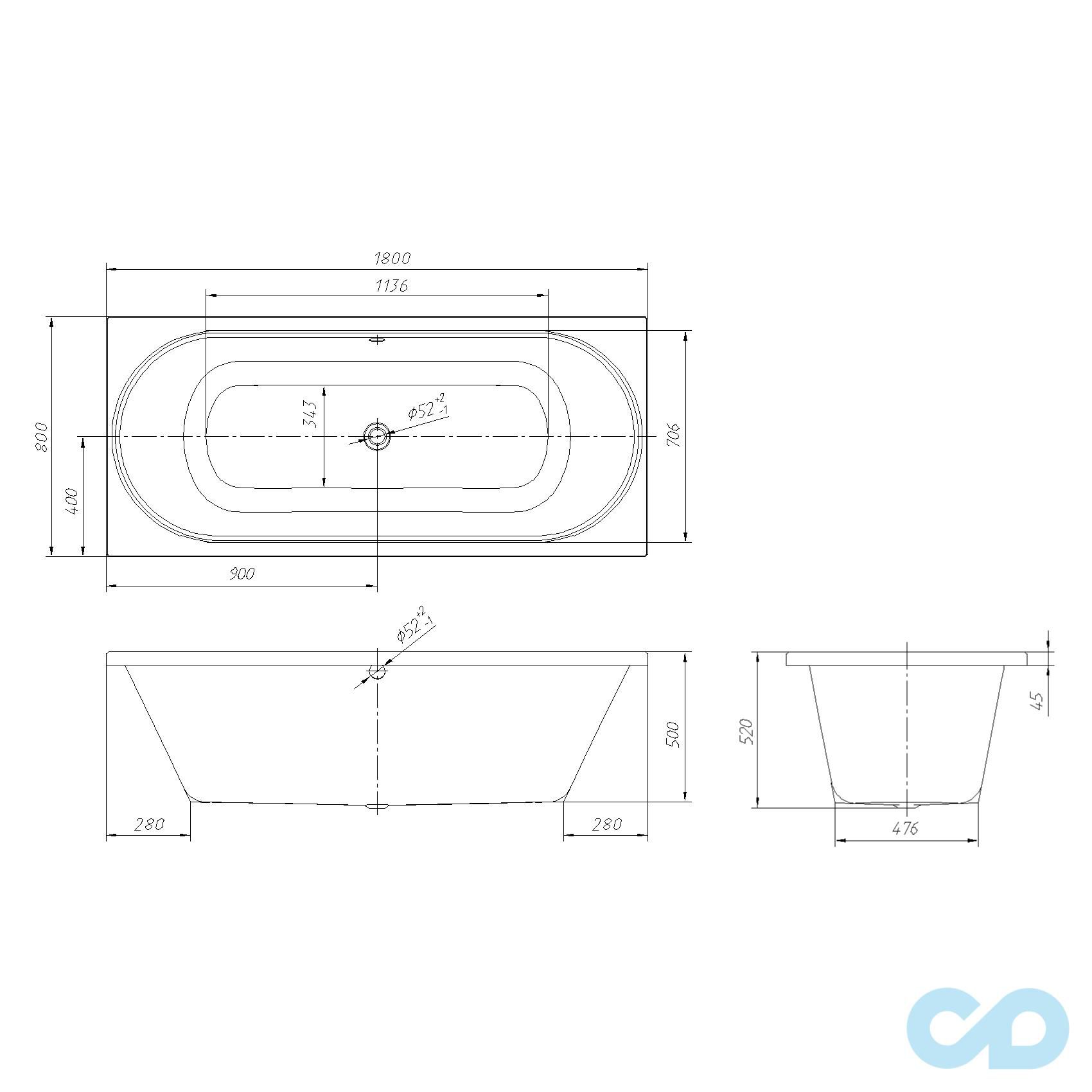 чертеж Ванна акриловая Volle Oliva 180х80 TS-1880500