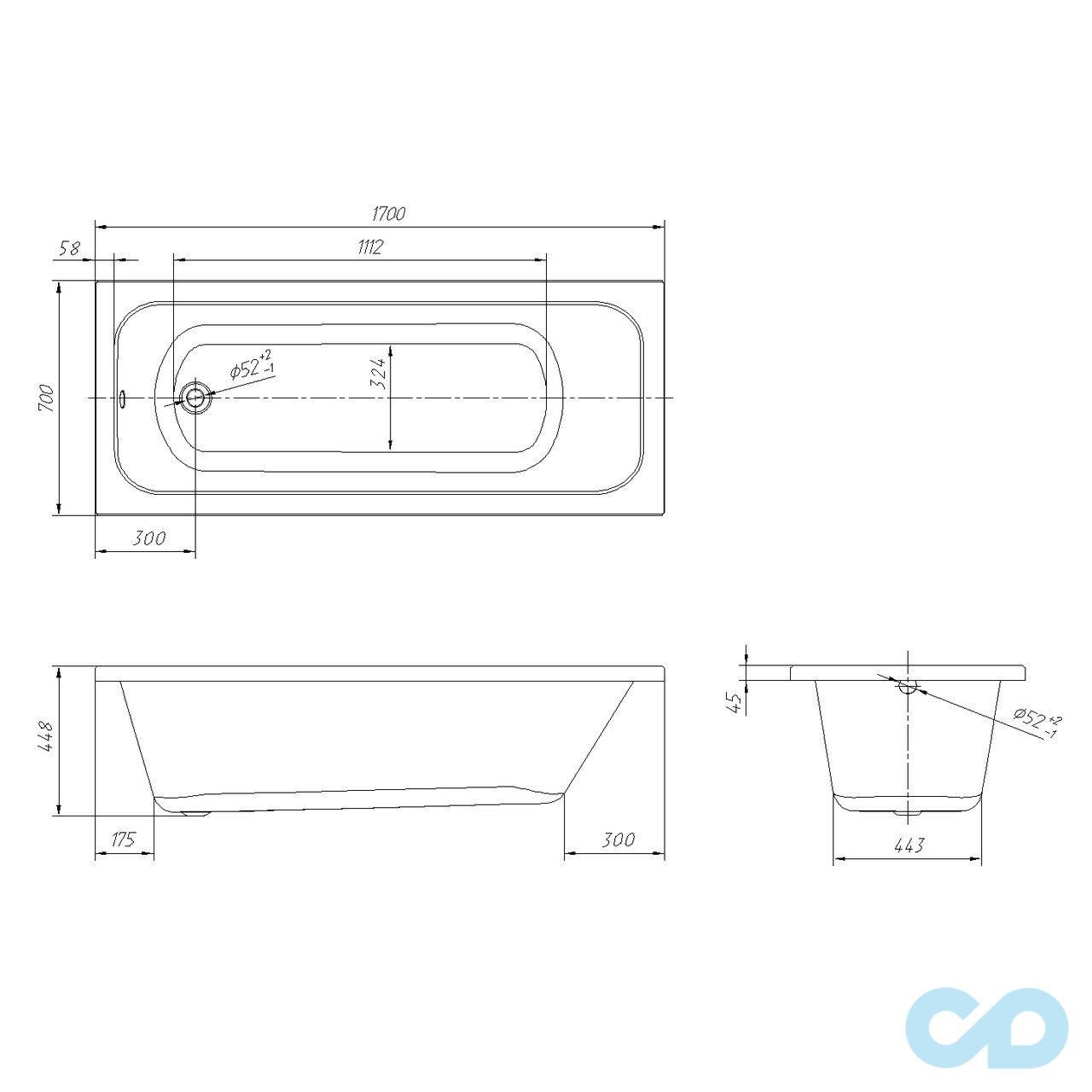 чертеж Ванна акриловая Volle Altea 170х70 TS-1770448