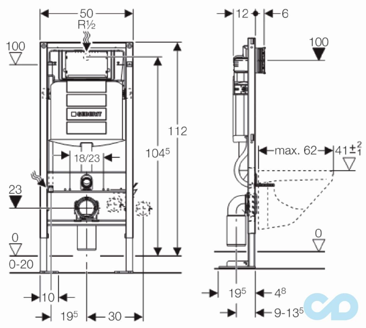 креслення Інсталяція для унітазу Geberit Duofix 111.300.00.5 + 115.882.JT.1 із захистом від слідів пальців