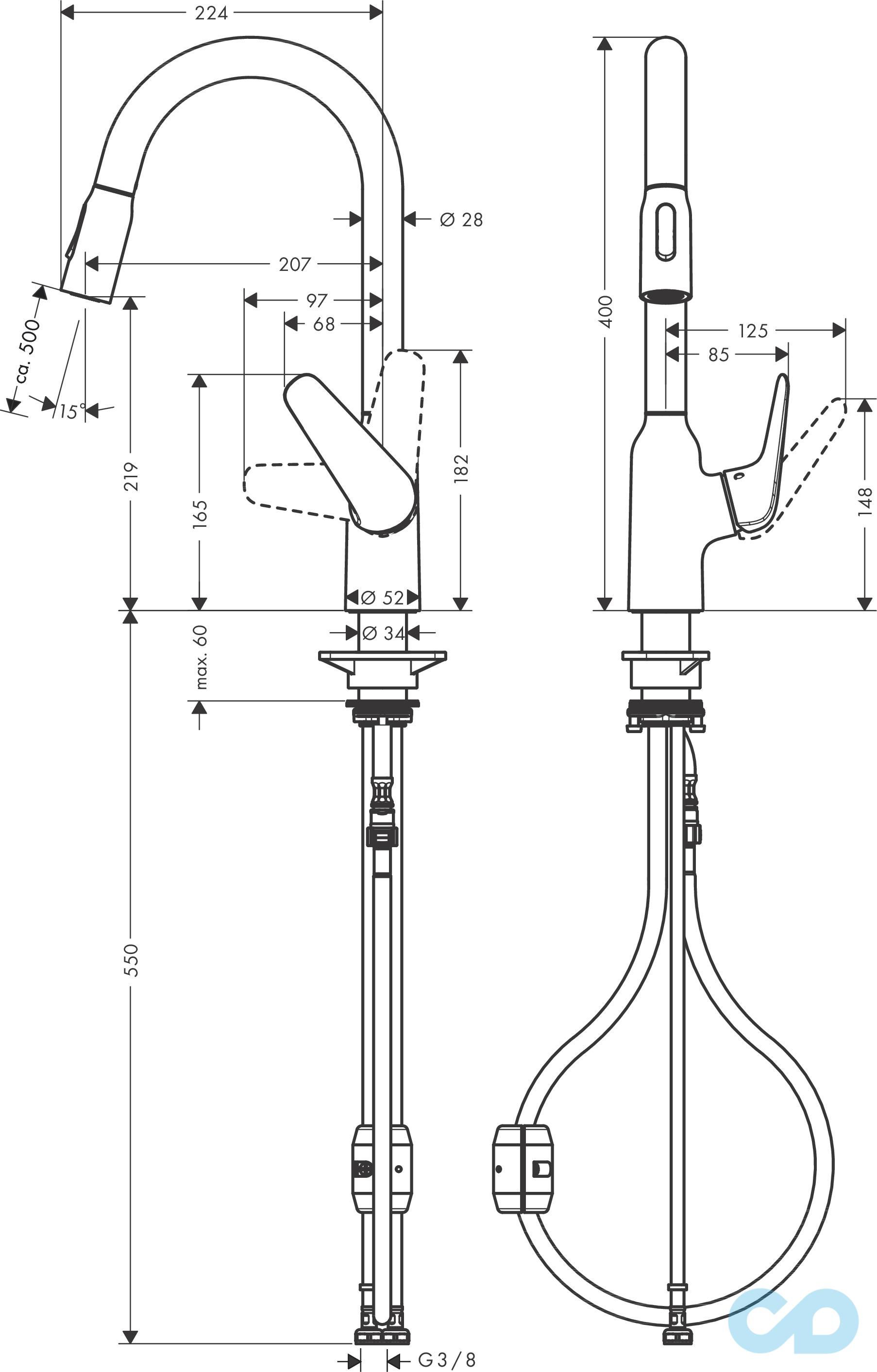 чертеж Кухонный смеситель Hansgrohe Focus M42 71800000