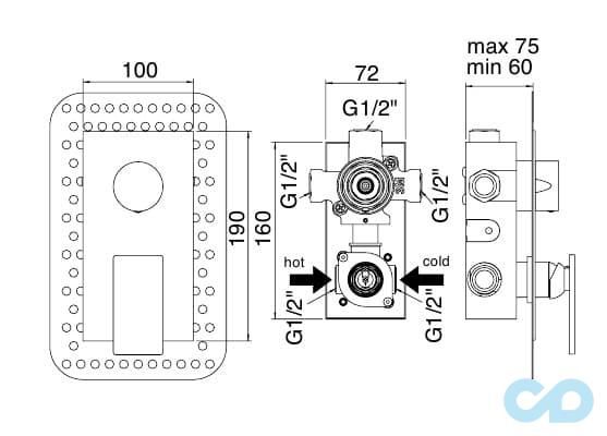 креслення Змішувач прихованого монтажу для ванни Treemme 5mm 2804_5M