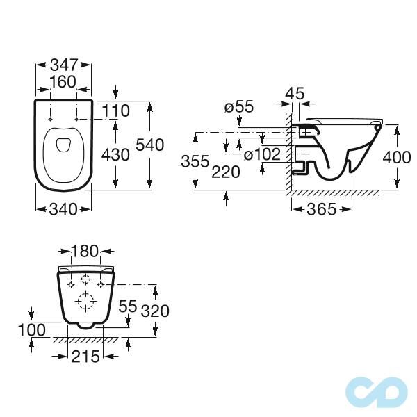 технічна схема Інсталяція Geberit Duofix 458.161.21.1 з підвісним унітазом Roca Gap Clean Rim A34H470000