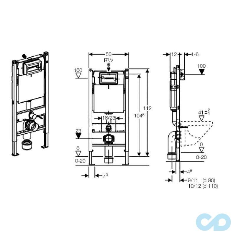 чертеж Инсталляция Geberit Duofix 458.168.21.1 с подвесным унитазом Laufen Pro H8209660000001