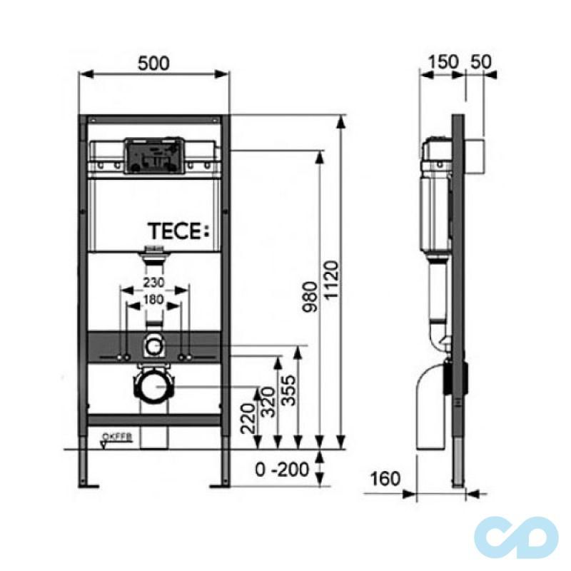 чертеж Инсталляция для унитаза Tece Base 9400006 с подвесным унитазом Roca Gap A34H0N8000