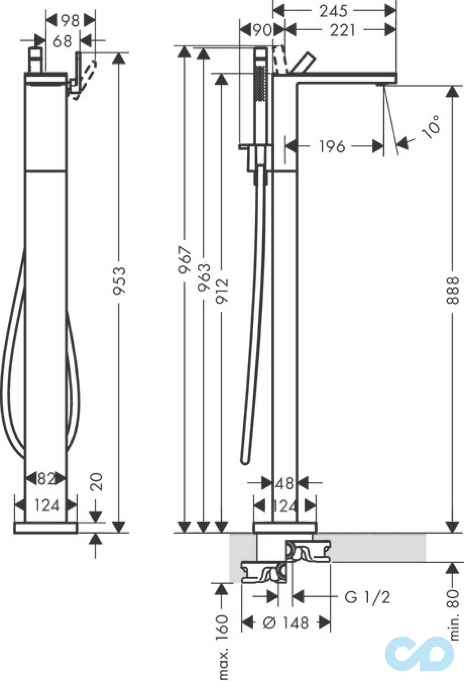 креслення Підлоговий змішувач для ванни Axor MyEdition 47442000