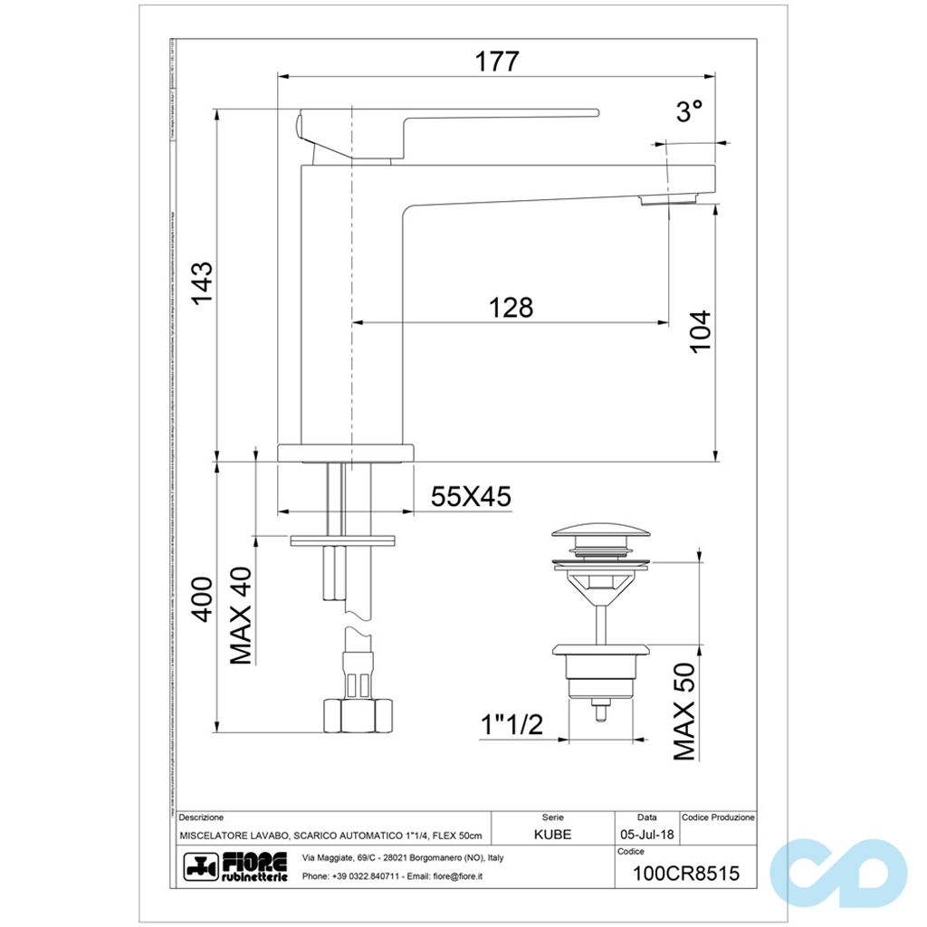 креслення Змішувач для раковини Fiore Kube 100BB8515