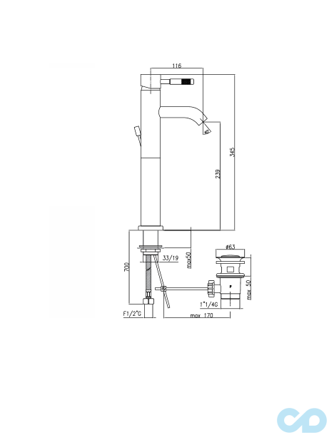 креслення Високий змішувач для раковини Fiore Xenon 44NN5285