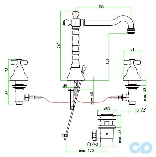 креслення Змішувач для раковини Fiore Margot 26ZZ0637 (бронза