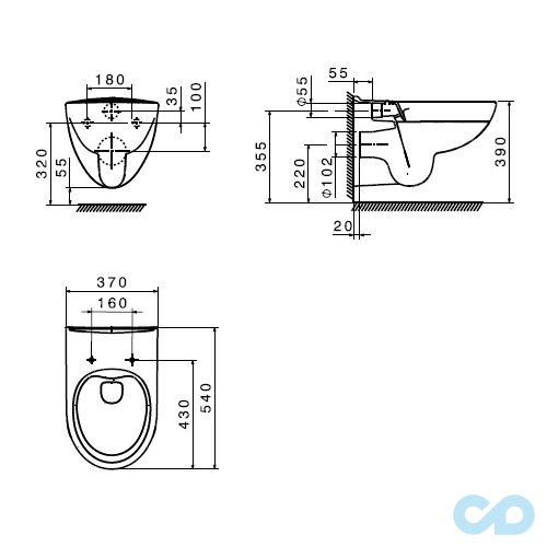 технічна схема Інсталяція Grohe Rapid SL 38772001 c підвісним унітазом Roca Victoria Rimless A34H398000 