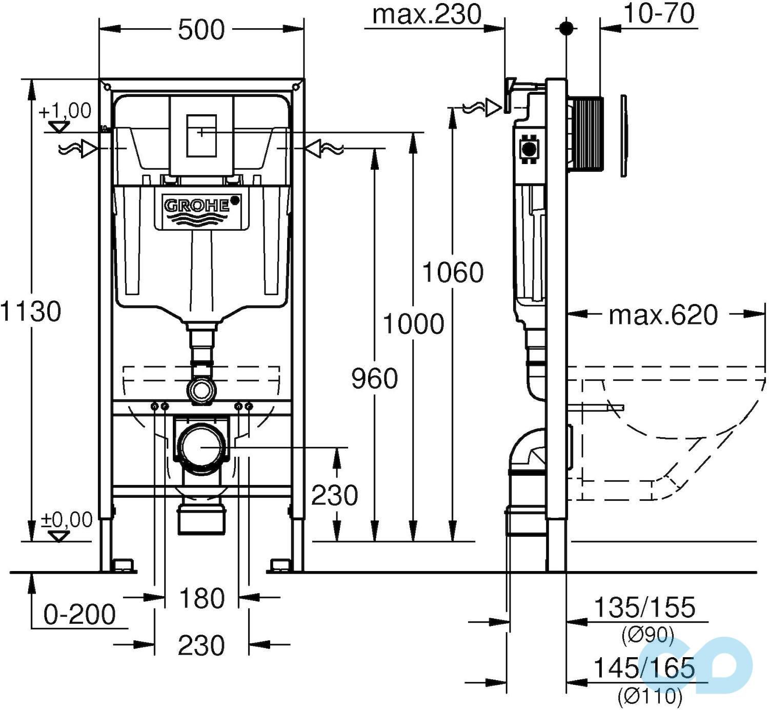 чертеж Инсталляция Grohe Rapid SL 38772001 c подвесным унитазом Roca Victoria Rimless A34H398000