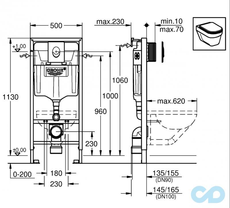 технічна схема Інсталяція Grohe Rapid SL 38721001 c підвісним унітазом Roca Victoria Rimless A34H398000 