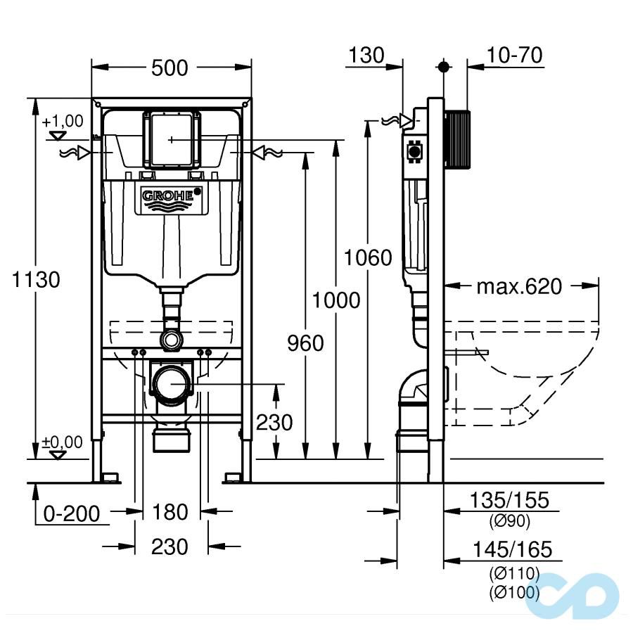 креслення Інсталяція Grohe Rapid SL 39504000 c підвісним унітазом Roca Victoria Rimless A34H398000 (оновлена ​​клашіва змиву