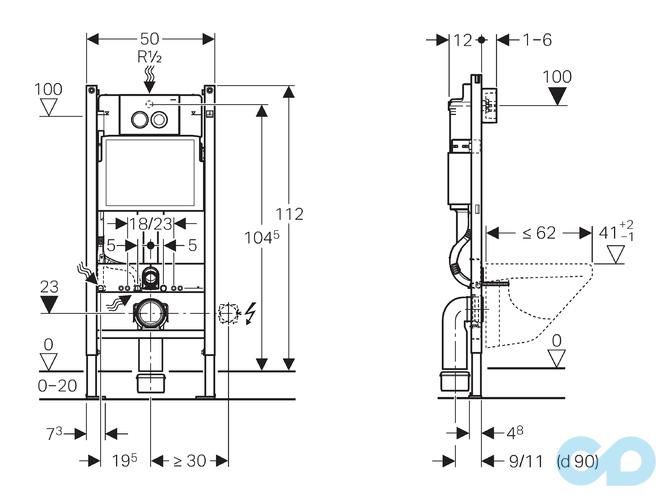 чертеж Инсталляция Geberit Duofix 458.121.21.1 c подвесным унитазом Roca Victoria Rimless A34H398000