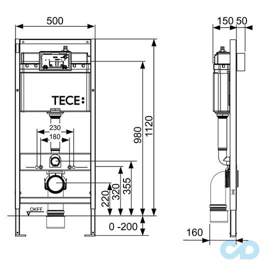 креслення Інсталяція для унітазу TECE base 9400005 c підвісним унітазом Roca Victoria Rimless A34H398000