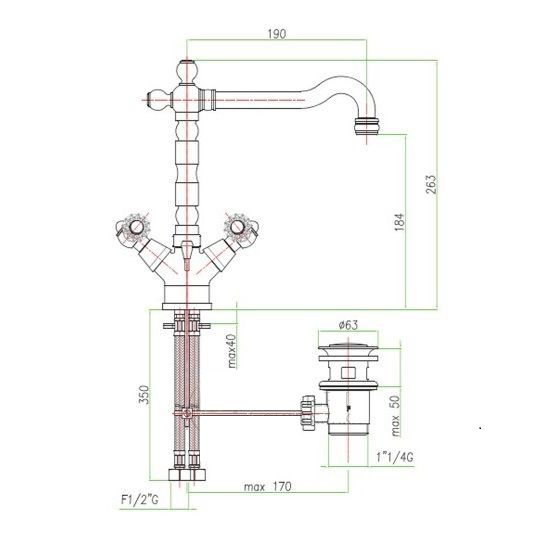 креслення Високий змішувач для раковини Fiore Gioielli 08CR0625