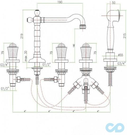 креслення Змішувач на борт ванни Fiore Venere Sky 13OO0607