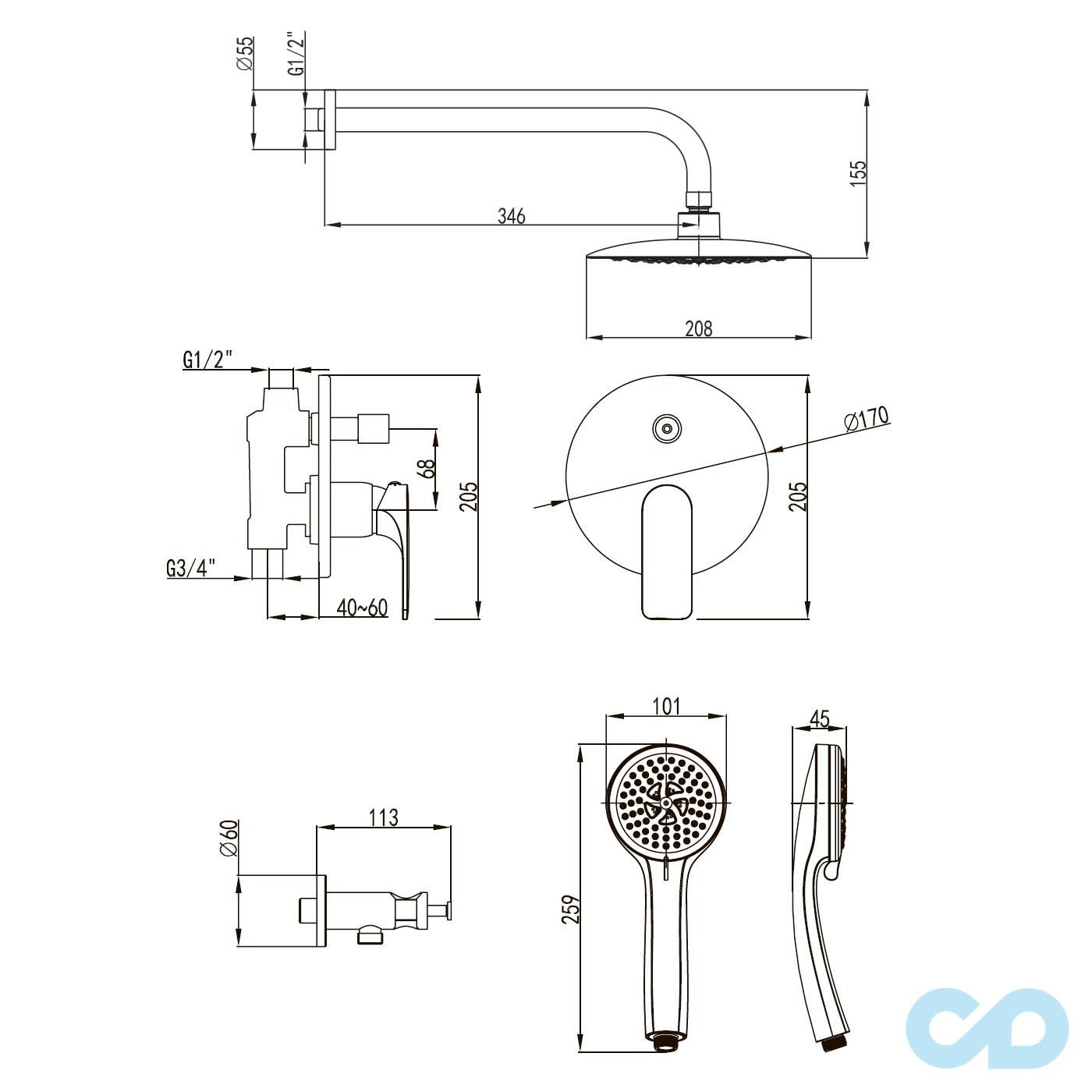 креслення Душова система прихованого монтажу Imprese Bilina VR-50225