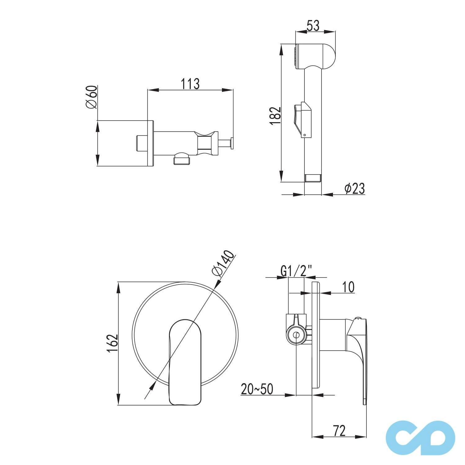 креслення Набір гігієнічного душа Imprese Bilina VR30225Z-BT